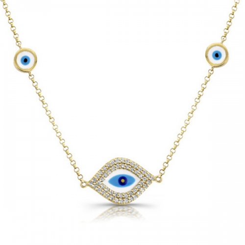 Jewish Design Sterling Silver Yellow Gold CZ Enamel Evil Eye Necklace