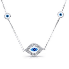 Jewish Design Sterling Silver Yellow Gold CZ Enamel Evil Eye Necklace