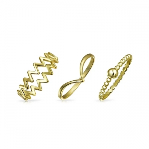 3 Set Geometric V Chevron Zig Zag Ball Beaded 14K Gold Plated 925 Sterling Silver Midi Knuckle Stackable Ring