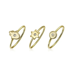 3 Set Minimalist CZ 14K Gold Plated Sterling Silver Midi Knuckle Stackable Disc Star Hamsa Hand Ring