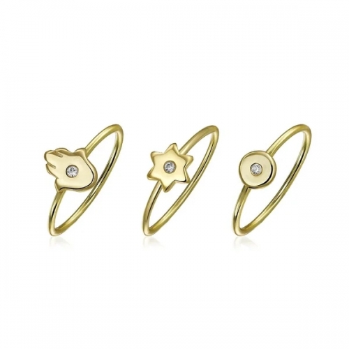 3 Set Minimalist CZ 14K Gold Plated Sterling Silver Midi Knuckle Stackable Disc Star Hamsa Hand Ring