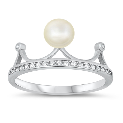 Freshwater Pearl Ring Sterling Silver Clear CZ Crown Ring for Girls