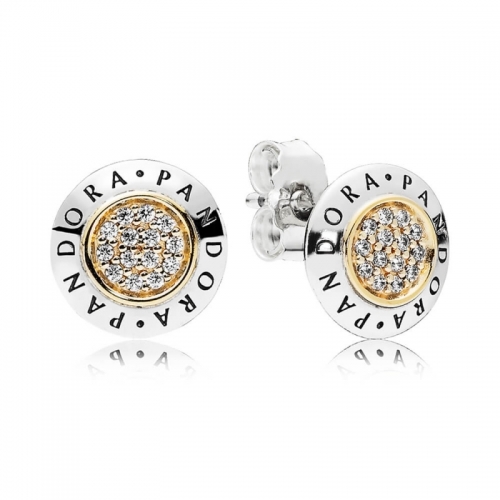 Two Tone Plated Sterling Silver 18K Gold Round Signature Stud Earrings 296230CZ
