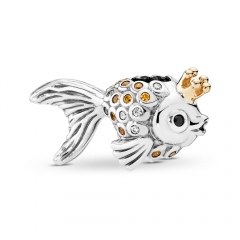 Fairytale Fish Silver Charm with 14k, Orange and Golden Coloured Cubic Zirconia and Black Crystal 792014CCZ
