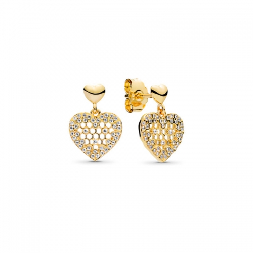 Sterling Silver 18K Gold Plated Clear CZ Honeycomb Lace Heart Drop Dangle Earrings 267068CZ