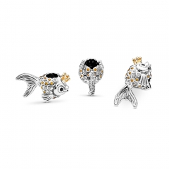 Fairytale Fish Silver Charm with 14k, Orange and Golden Coloured Cubic Zirconia and Black Crystal 792014CCZ