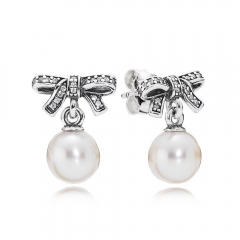 Sterling Silver Delicate Sentiments Bow Earrings with Sea Shell Pearl and Clear Cubic Zirconia 290596P