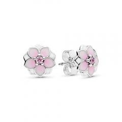 Beautiful Style Sterling Silver Enamel Pink Magnolia Flower Stud Earrings for Women 290739PCZ