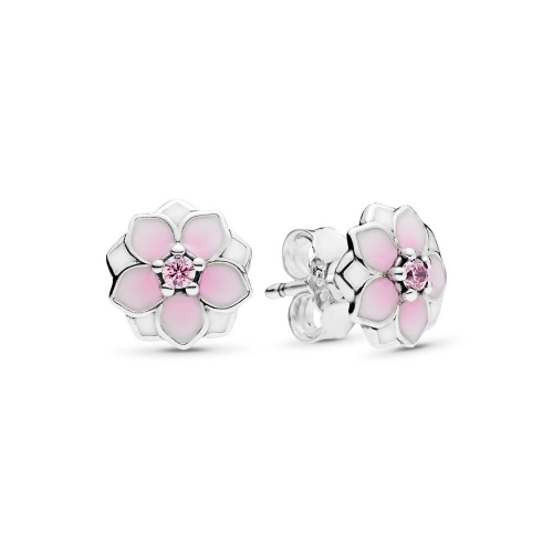 Beautiful Style Sterling Silver Enamel Pink Magnolia Flower Stud Earrings for Women 290739PCZ