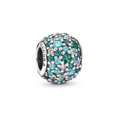 Fancy Pave ALE S925 Silver Bead Charm with Mixed Shades of Green Cubic Zirconia and Green Crystal 791261MCZMX
