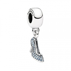 S925 ALE Inderella Shoe Silver Dangle Spacer Charm with Fancy Light Blue Cubic Zirconia 791470CFL