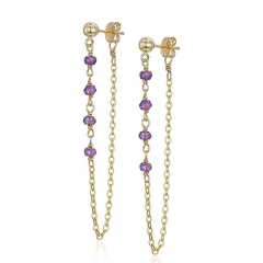 Fine Jewelry 925 Silver Gold Filled Chain and Amethyst Bead Loop Earrings