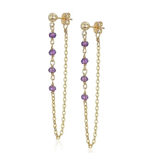 Fine Jewelry 925 Silver Gold Filled Chain and Amethyst Bead Loop Earrings