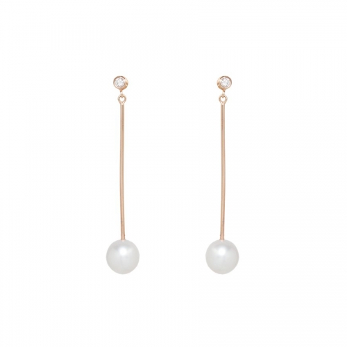 Customized Earrings 14K Long Bar Shell Pearl and Cubic Zirconia Dangle Earrings