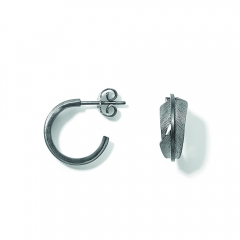 Leaf Hoop Earrings of Silk Matt Sterling Silver 925S Covered with Grey Ruthenium