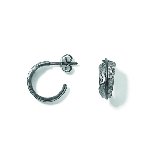 Leaf Hoop Earrings of Silk Matt Sterling Silver 925S Covered with Grey Ruthenium