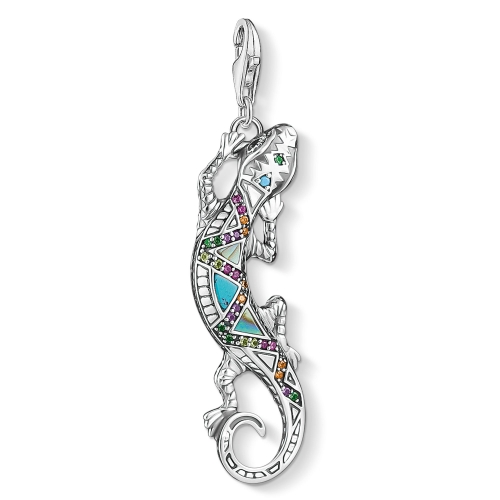 Animal Jewelry 925 Sterling Silver Mixcolor CZ Turquoise and MOP Lizard Charm Pendant Y0063-991-7