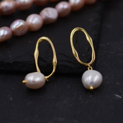 Sterling Silver Irregular Hoop Drop Stud Earrings with Baroque Pearls, Genuine Freshwater Pearls, 18K Gold Plated Silver Earrings