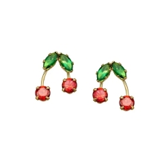 925 Sterling Silver Cherry Stud Earrings with Cubic Zirconia in 14K Gold