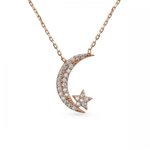 Celestial Pave Cubic Zirconia Crescent Moon Star Pendant Necklace for Women for Teen Rose Gold Plated Sterling Silver