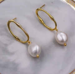 Sterling Silver Irregular Hoop Drop Stud Earrings with Baroque Pearls, Genuine Freshwater Pearls, 18K Gold Plated Silver Earrings