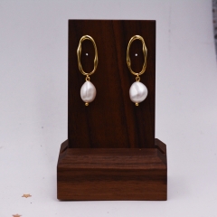 Sterling Silver Irregular Hoop Drop Stud Earrings with Baroque Pearls, Genuine Freshwater Pearls, 18K Gold Plated Silver Earrings