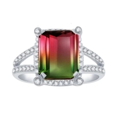 Sterling Silver with Watermelon Tourmaline and Natural White Topaz Halo Statement Ring