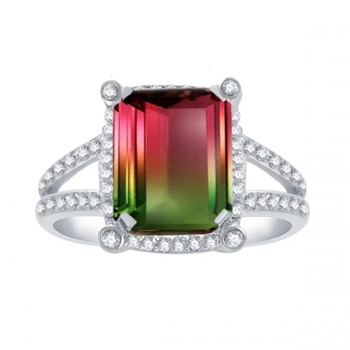 Sterling Silver with Watermelon Tourmaline and Natural White Topaz Halo Statement Ring