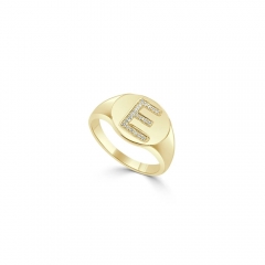 Landou Jewelry 14K Yellow Gold Cubic Zirconia Initial E Signet Pinky Ring