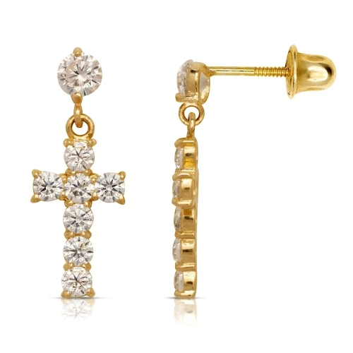 14K Yellow Gold or Rhodium Round Cubic Zirconia Drop Cross Stud Earrings