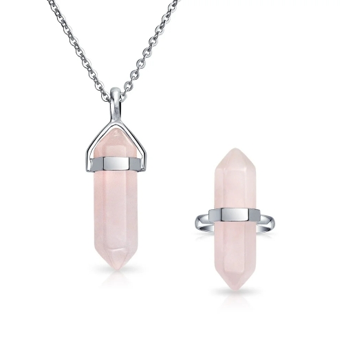 Pyramid Healing Crystal and Pink Quartz Pendant Necklace Adjustable Ring Set for Women 925 Sterling Silver