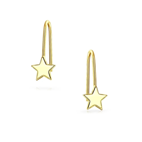 Tiny Minimalist Celestial Star Threader Earrings for Women 14K Yellow Gold