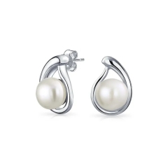 Bridal White Freshwater Button Cultured Pearl Teardrop Shaped Stud Earrings for Women 925 Sterling Silver