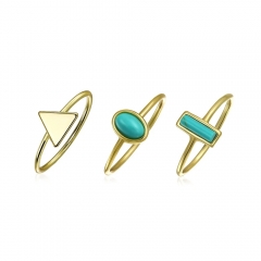Tiny Geometric Compressed Turquoise 14K Gold Plated Sterling Silver Midi Knuckle Stackable Ring Set for Women
