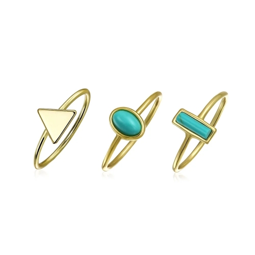 Tiny Geometric Compressed Turquoise 14K Gold Plated Sterling Silver Midi Knuckle Stackable Ring Set for Women