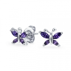 Tiny Purple Cubic Zirconia Imitation Amethyst CZ Butterfly Stud Earrings for Women 925 Sterling Silver