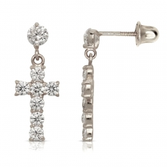 14K Yellow Gold or Rhodium Round Cubic Zirconia Drop Cross Stud Earrings