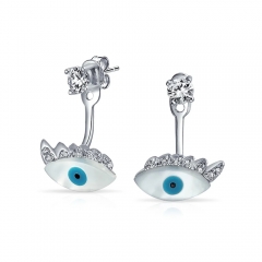 White Mop Evil Eye Lid Cubic Zirconia Ear Back Front Jacket CZ Stud Earrings for Women 925 Sterling Silver