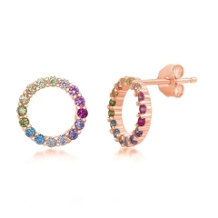 Landou Jewelry Sterling Silver, Rose Gold Plated, or Gold Plated Rainbow CZ Open Circle Stud Earrings