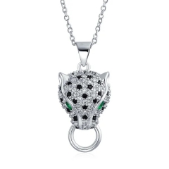 Landou Jewelry Black White Cat Green Eye Cubic Zirconia CZ Panther Pendant Necklace for Women Silver Plated Brass