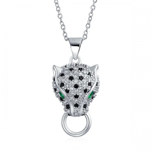 Landou Jewelry Black White Cat Green Eye Cubic Zirconia CZ Panther Pendant Necklace for Women Silver Plated Brass