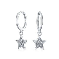 Pave CZ Star Dangling Hoop Kpop Earrings for Women Cubic Zirconia 925 Sterling Silver