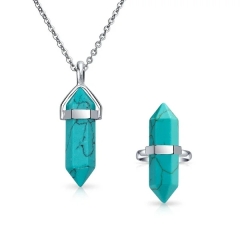 Boho Fashion Compressed Turquoise Prism Pyramid Pendant Necklace Ring Set for Women 925 Sterling Silver