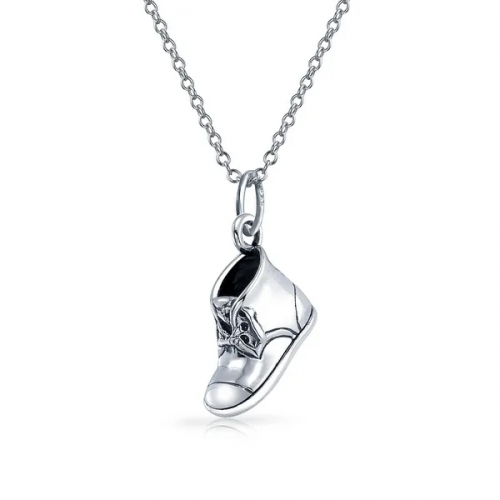 Baby Shoe Bootie Charm Engravable Pendant Necklace Gift for New Mother Women CZ Polish 925 Sterling Silver