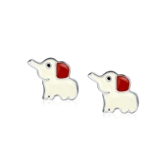 Zoo Animal Love Enamel White and Red Cartoon Lucky Elephant Stud for Teen 925 Sterling Silver