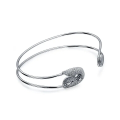 Symbol of Support for Refugees CZ Pave Safety Pin Bangle Cuff Bracelet for Women 925 Sterling Silver