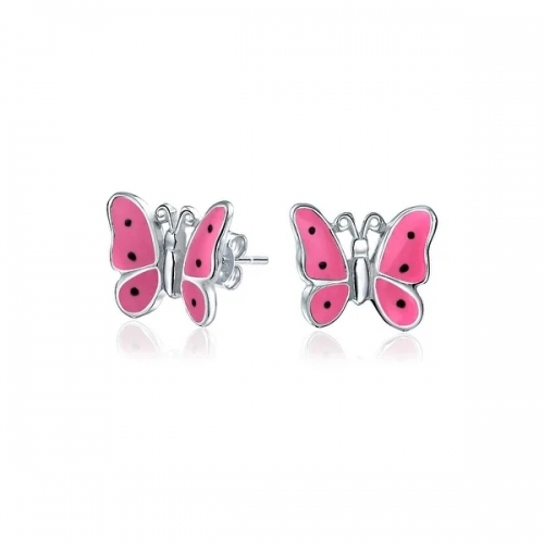 Tiny Dainty Pink Enamel Garden Butterfly Shaped Stud Earrings for Women 925 Sterling Silver