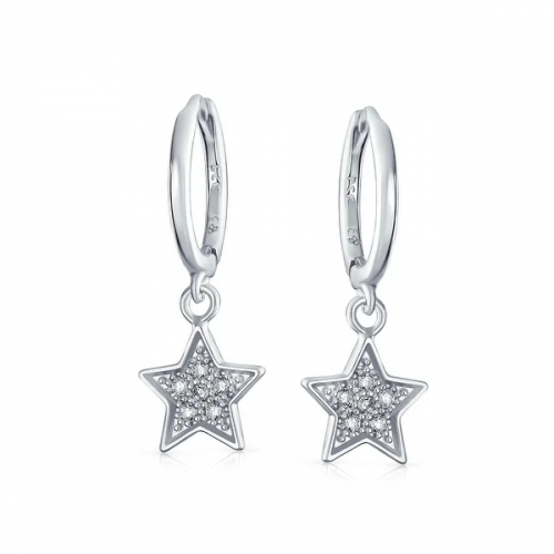 Pave CZ Star Dangling Hoop Kpop Earrings for Women Cubic Zirconia 925 Sterling Silver