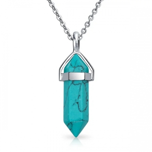 Boho Fashion Compressed Turquoise Prism Pyramid Pendant Necklace Ring Set for Women 925 Sterling Silver