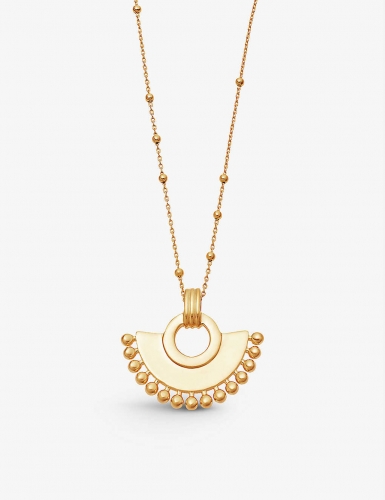 Landou Jewelry 925 Sterling Silver Beaded Chain Fan Shape Pendant Necklace 18K Gold Plated